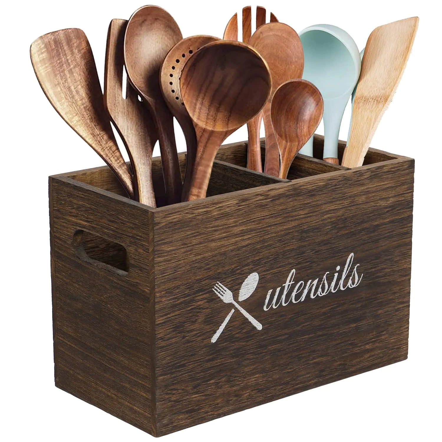 3 Compartment Wooden Kitchen Utensil Holder Organizer